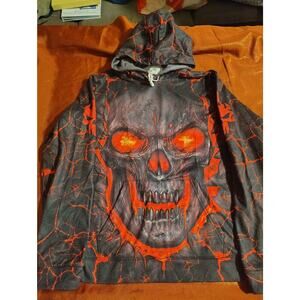 Skull Lava Graphic Hoodie Mens L Black Red Pullover Drawstring Front Pocket